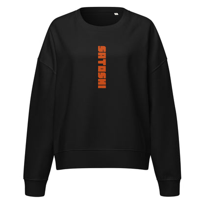Black sweatshirt with orange satoshi text on a white background
