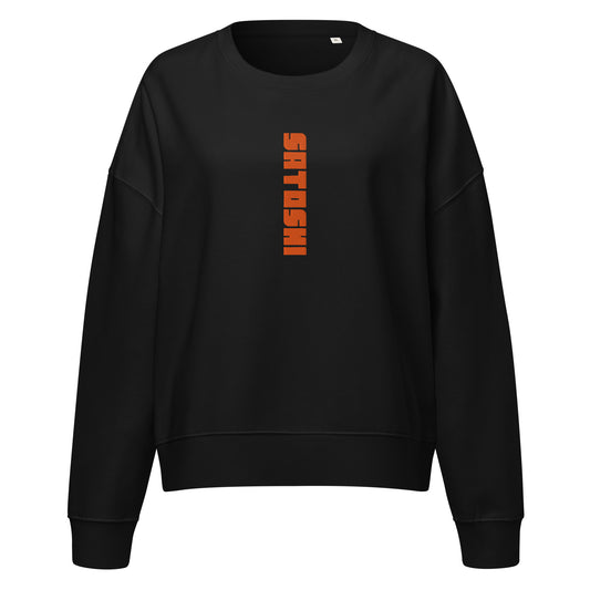 Black sweatshirt with orange satoshi text on a white background