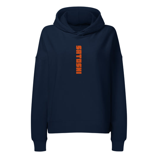 Navy blue hoodie with orange satoshi text on a white background