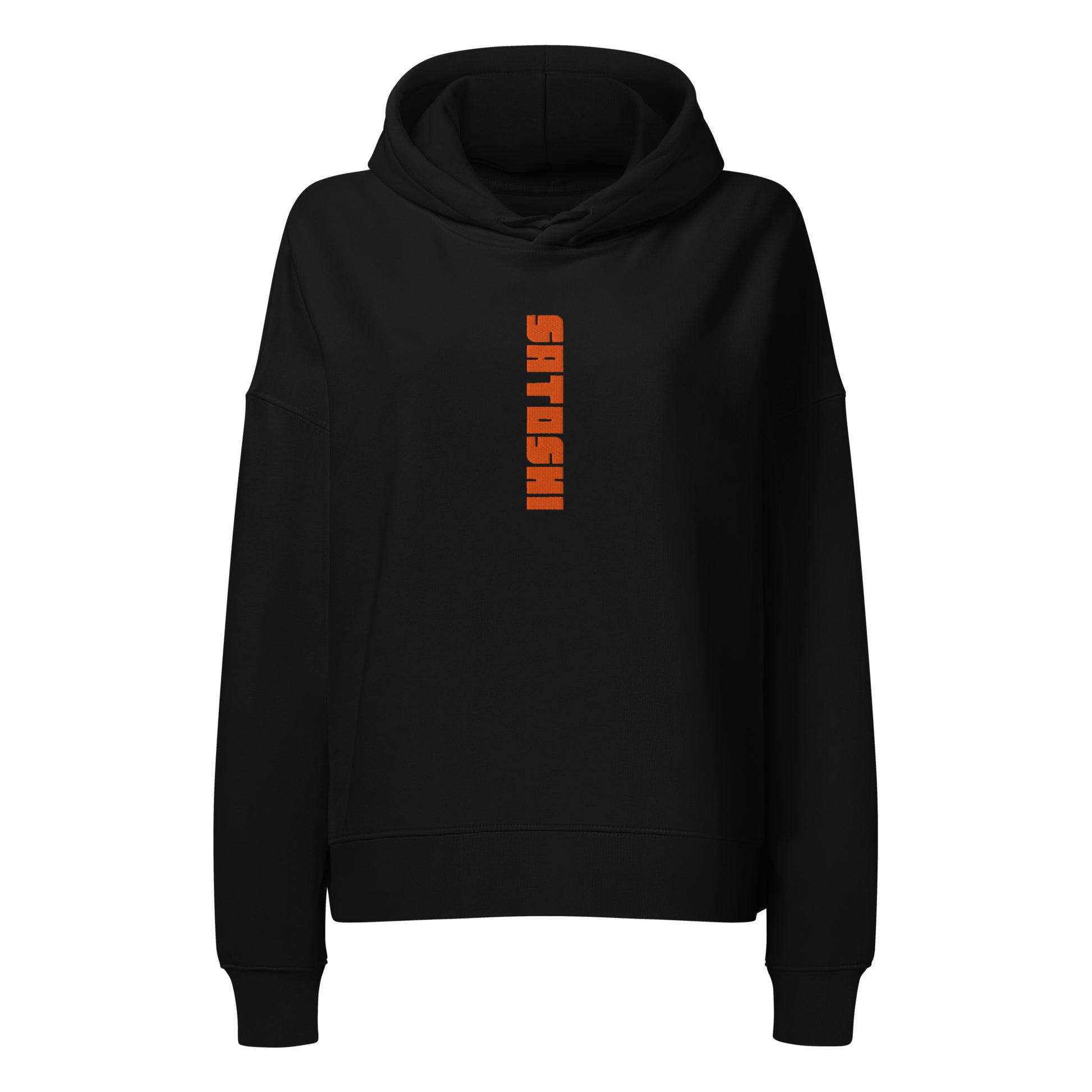 Black hoodie with orange satoshi text on a white background