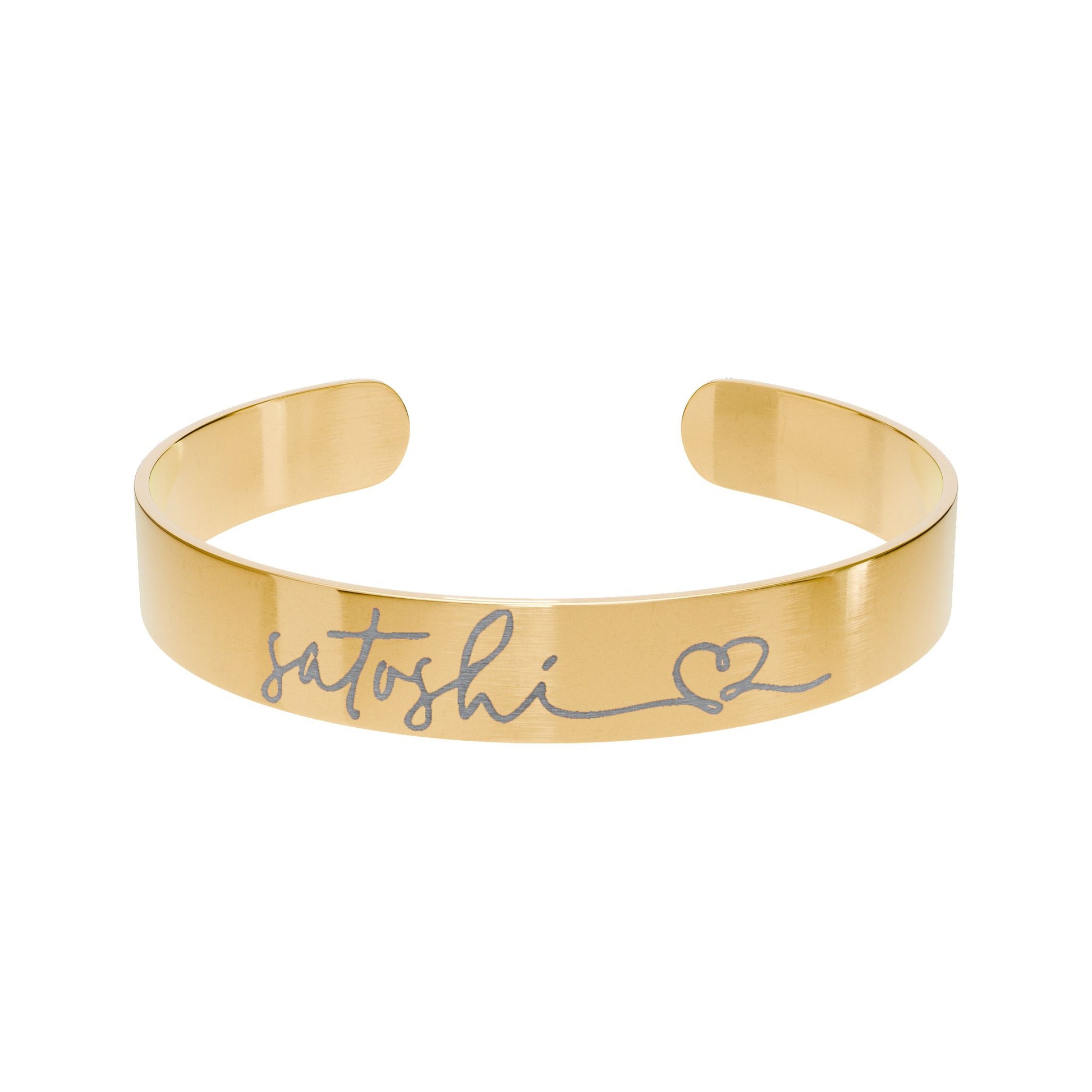 Gold bracelet with 'satoshi' and a heart symbol on a white background
