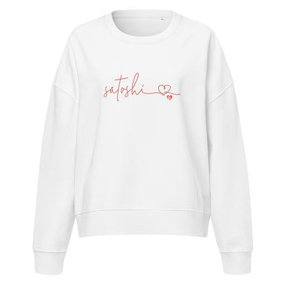 White sweatshirt with 'satoshi' and a heart design on a white background