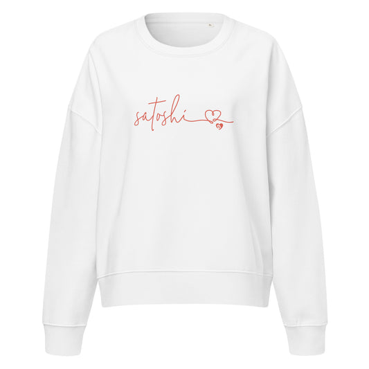 White sweatshirt with 'satoshi' and a heart design on a white background