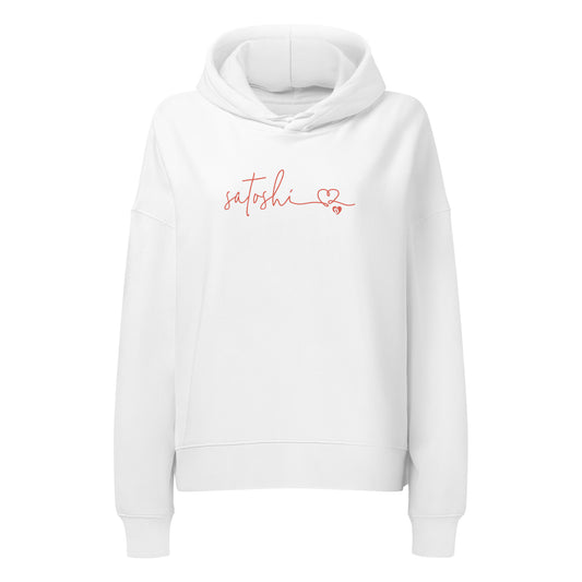 White hoodie with 'satoshi' text on a white background