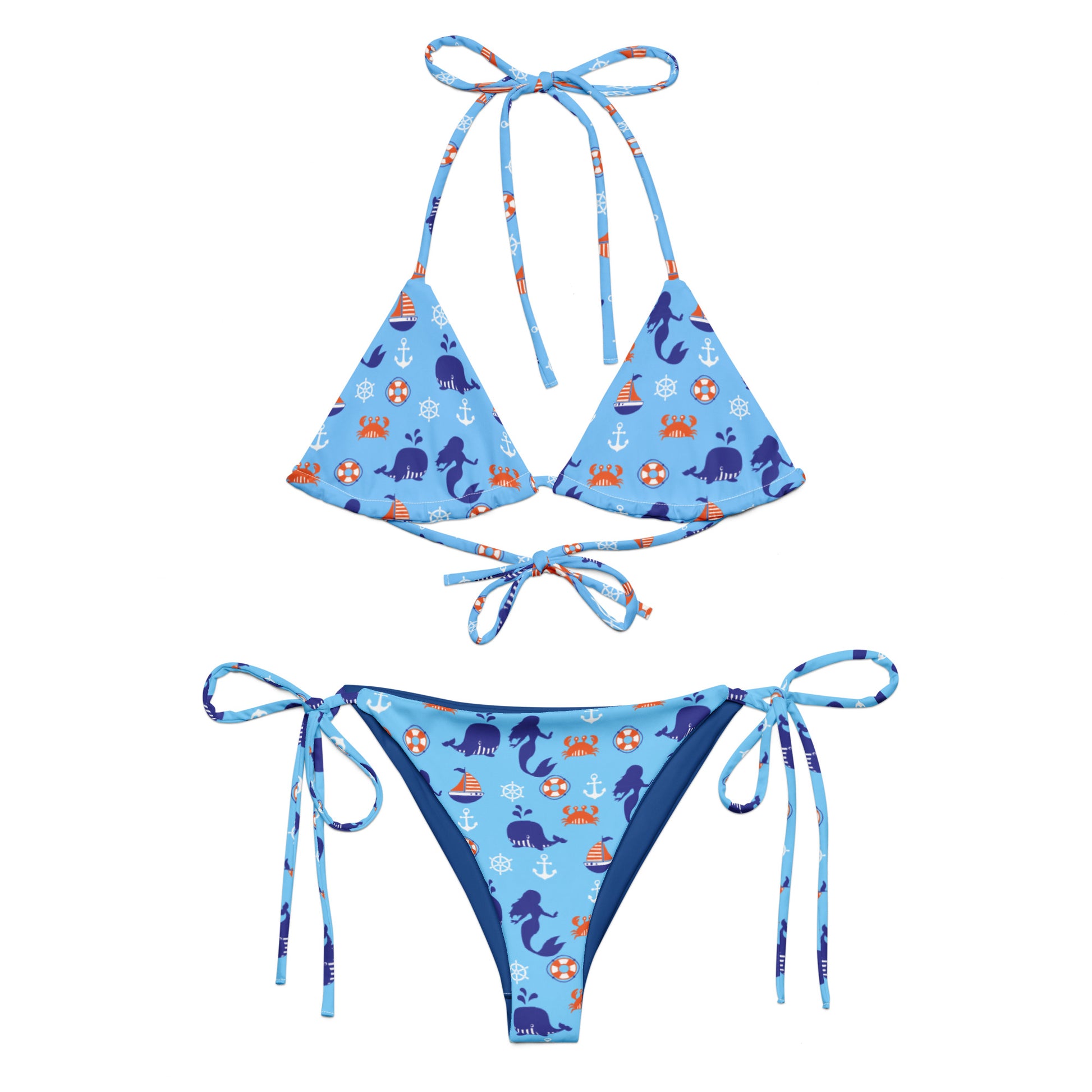 Blue bikini set with satoshi ocean-themed pattern on a white background