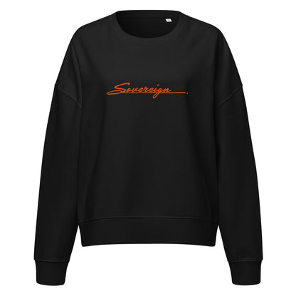 Black sweatshirt with 'Sovereign' logo on a white background