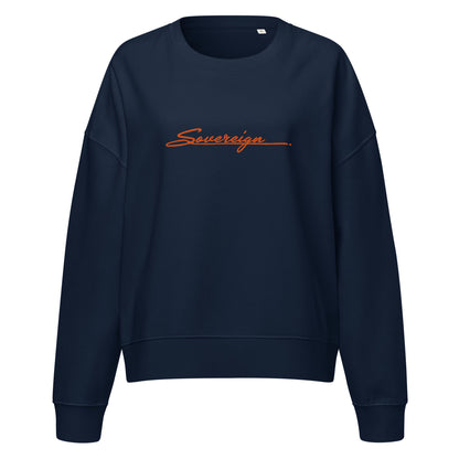 Navy blue sweatshirt with 'Sovereign' logo on a white background