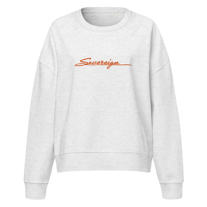 Gray sweatshirt with orange 'Sovereign' text on a white background