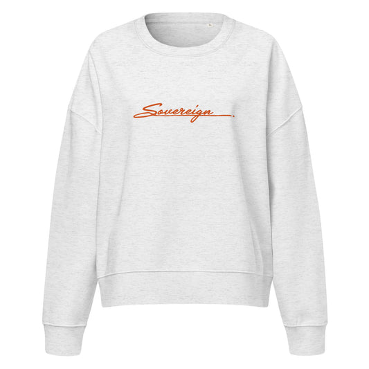 Gray sweatshirt with orange 'Sovereign' text on a white background