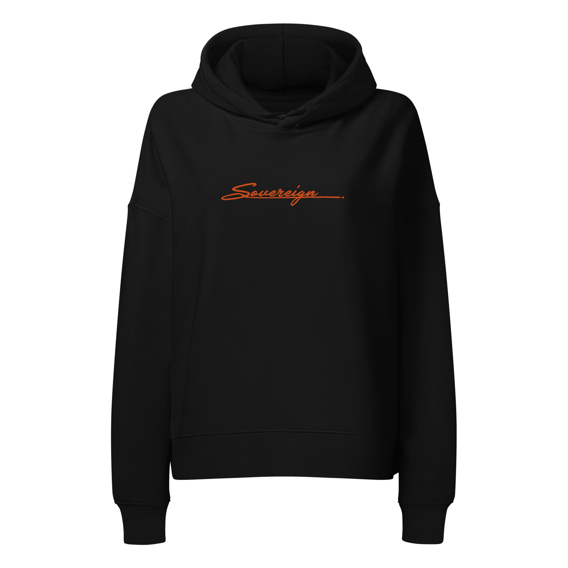 Black hoodie with 'Sovereign' logo on a white background