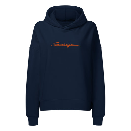 Navy blue hoodie with 'Sovereign' logo on a white background