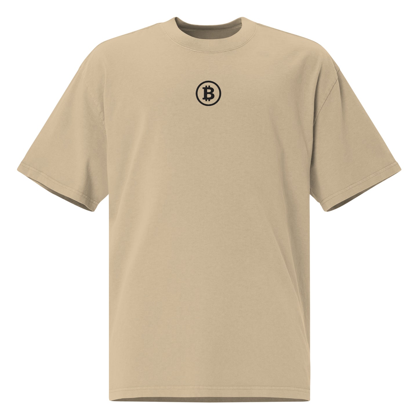 Beige t-shirt with Bitcoin logo on a white background