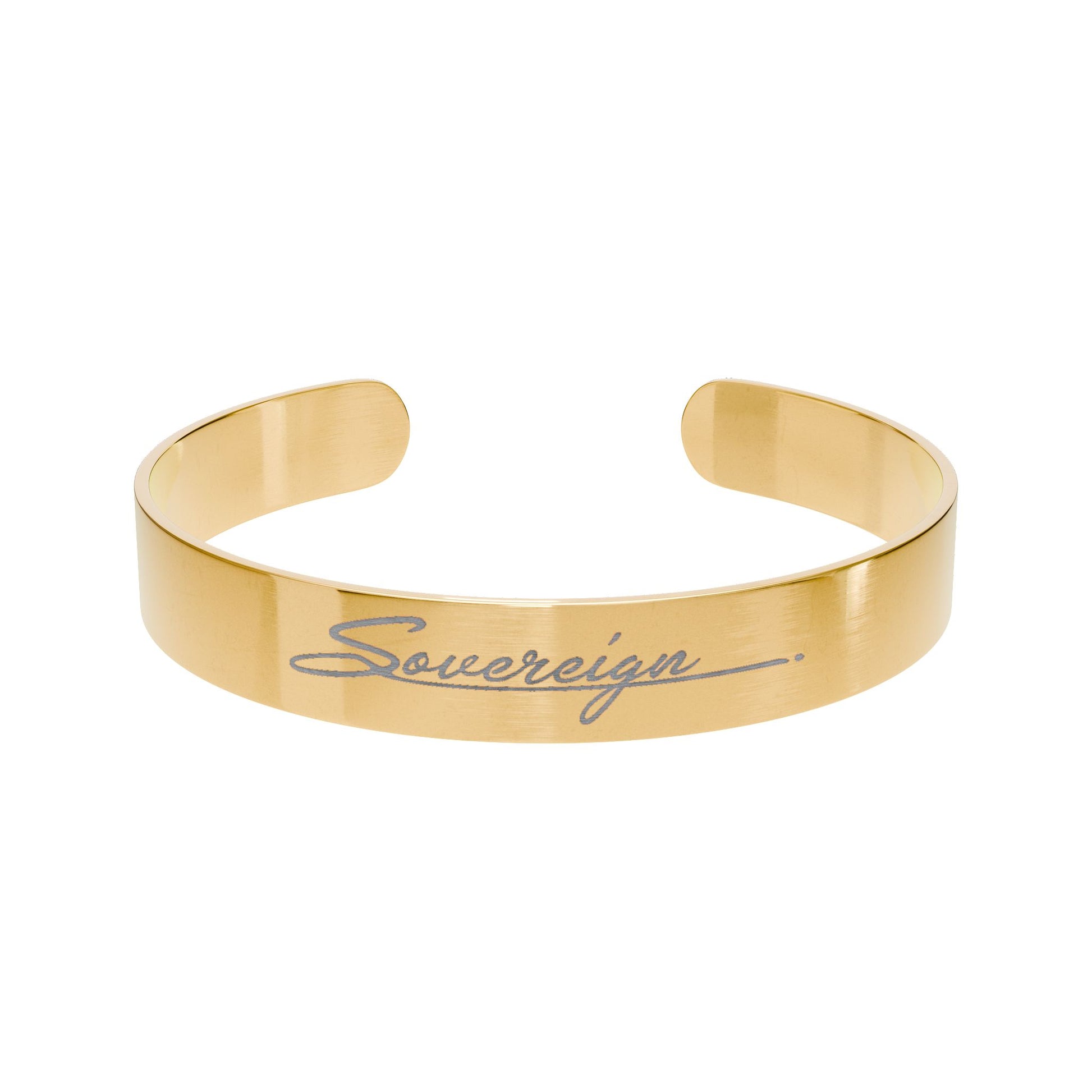 Gold bracelet with 'Sovereign' engraving on a white background