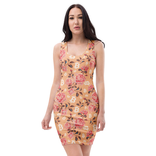 Woman wearing a floral bitcoin dress on a white background