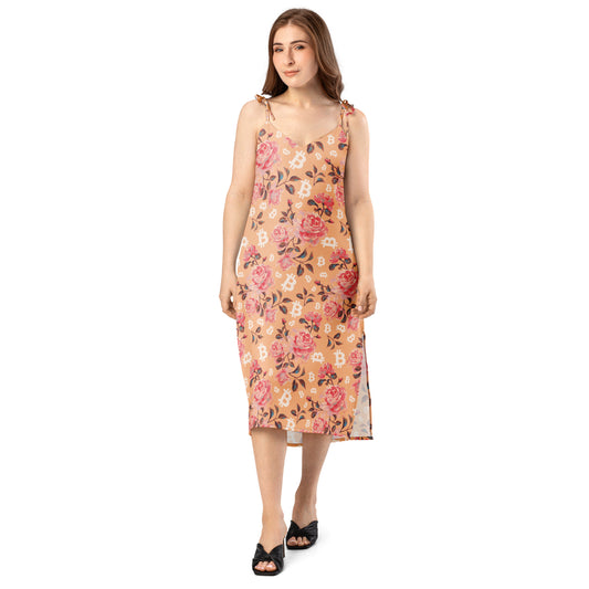 Woman wearing a floral bitcoin dress on a white background