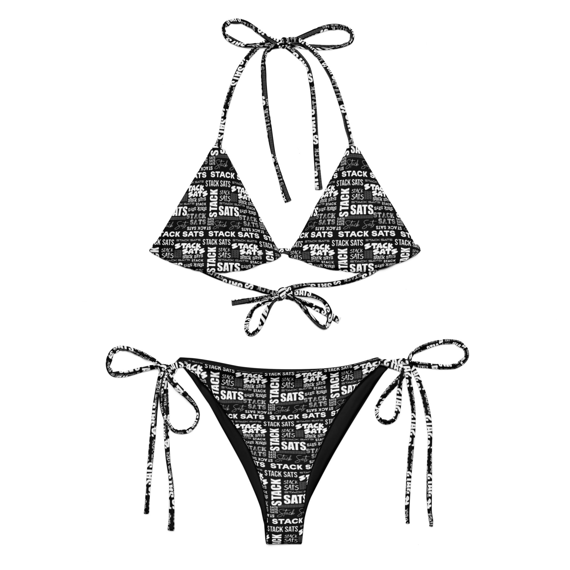 Black and white bikini set with text stack sats pattern on a white background