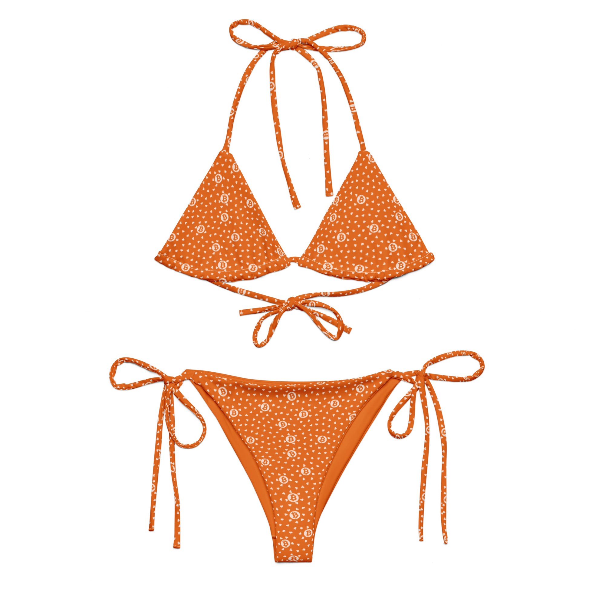 Orange bikini set with white bitcoin pattern on a white background