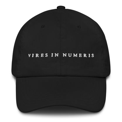 Black cap with 'VIRES IN NUMERIS' text on a white background