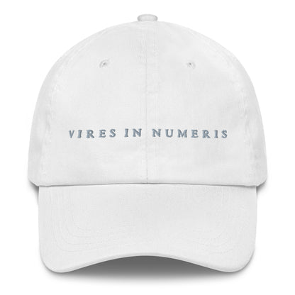 White cap with 'VIRES IN NUMERIS' text on a white background