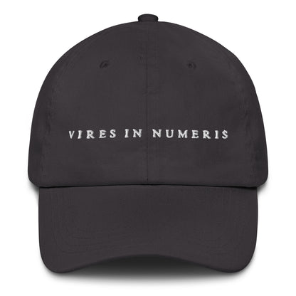 Black cap with 'VIRES IN NUMERIS' text on a white background