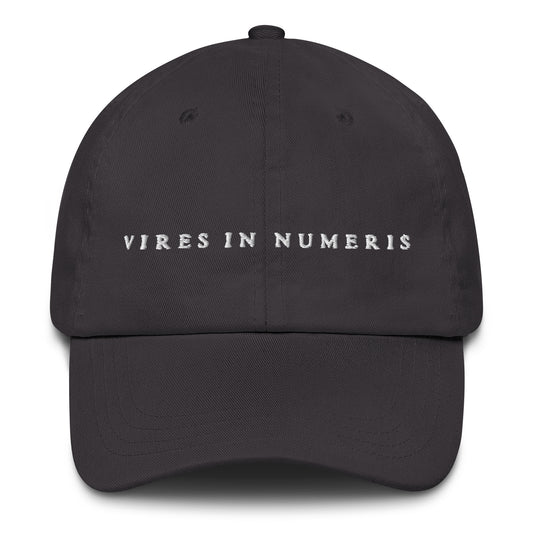 Black cap with 'VIRES IN NUMERIS' text on a white background