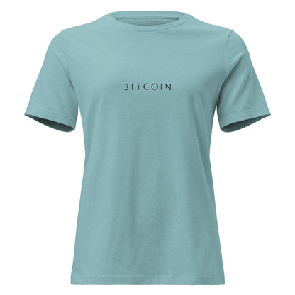Light blue t-shirt with 'BITCOIN' text on a white background