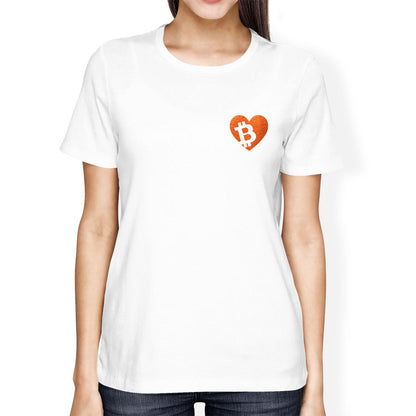 Person wearing a white t-shirt with a heart-shaped Bitcoin logo on a white background