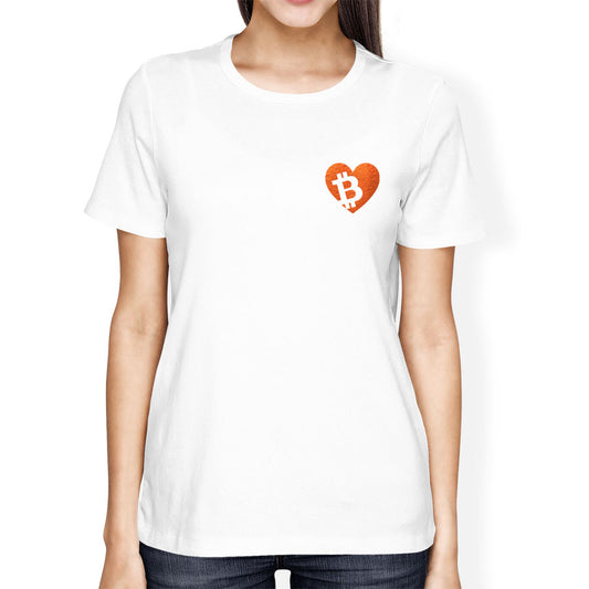 Person wearing a white t-shirt with a heart-shaped Bitcoin logo on a white background