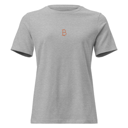 Gray t-shirt with a small orange bitcoin logo on a white background
