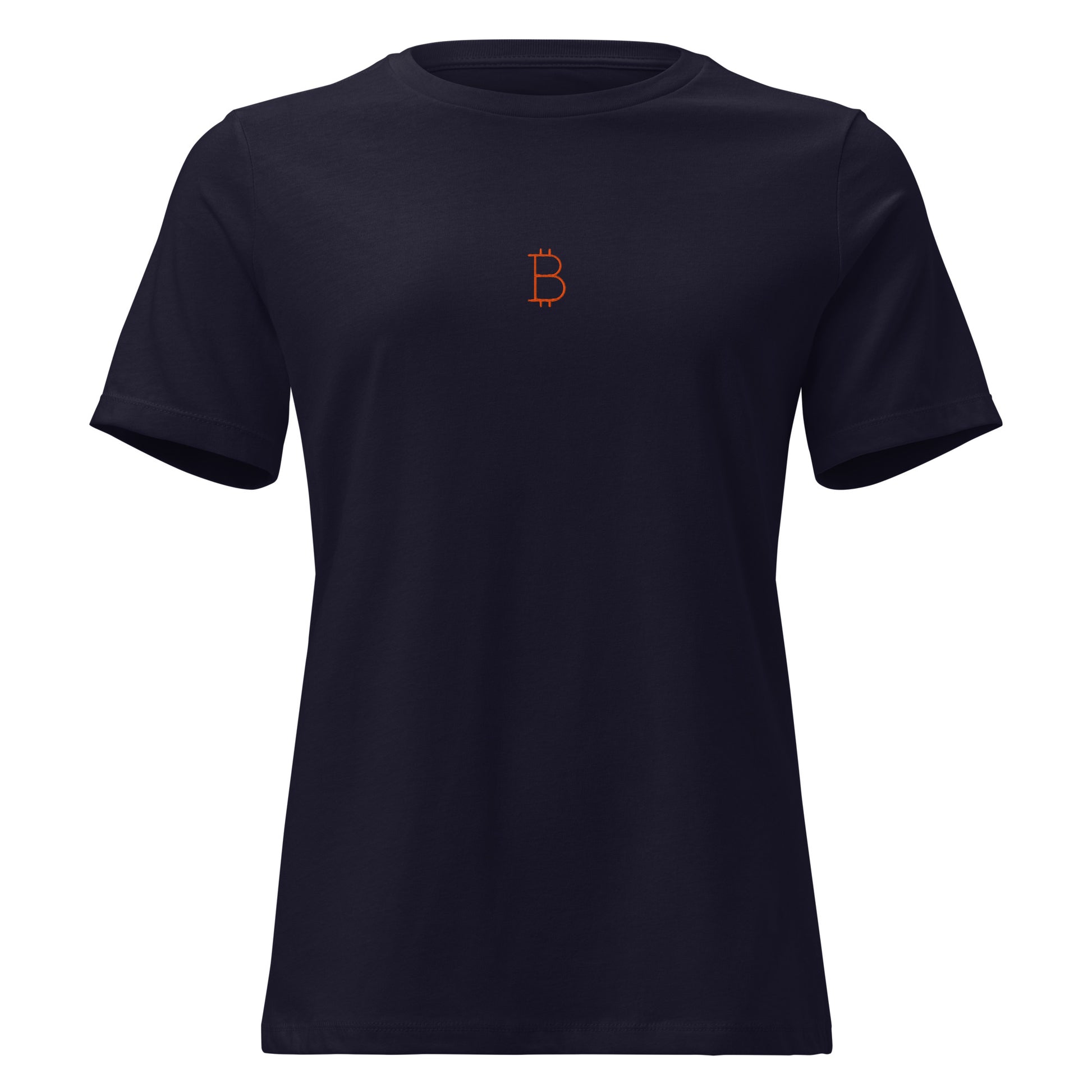 Black t-shirt with a small orange bitcoin logo on a white background