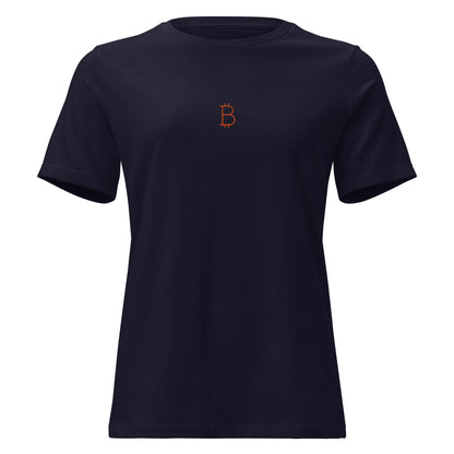 Black t-shirt with a small orange bitcoin logo on a white background