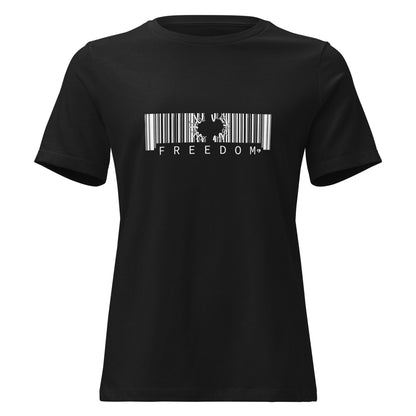 Black t-shirt with a barcode design and 'FREEDOM' text on a white background