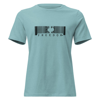 Light blue t-shirt with a black barcode design and 'FREEDOM' text on a white background