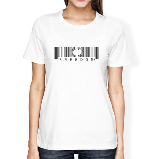 White t-shirt with a barcode design and 'FREEDOM' text worn by a person on a white background