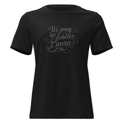 Black t-shirt with decorative its going up forever michael saylor text on a white background