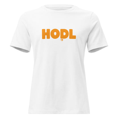 White t-shirt with 'HODL' printed in orange on a white background