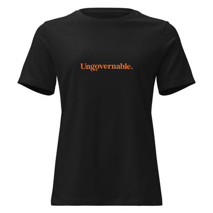 Black t-shirt with 'Ungovernable.' text in orange on a white background