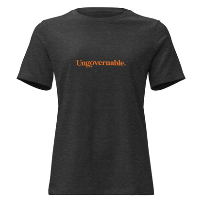 Black t-shirt with 'Ungovernable' text in orange on a white background