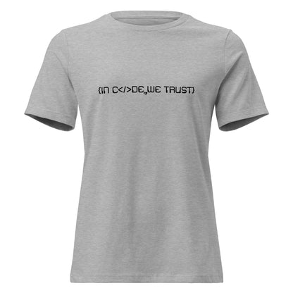 Gray t-shirt with black text in code we trust on a white background
