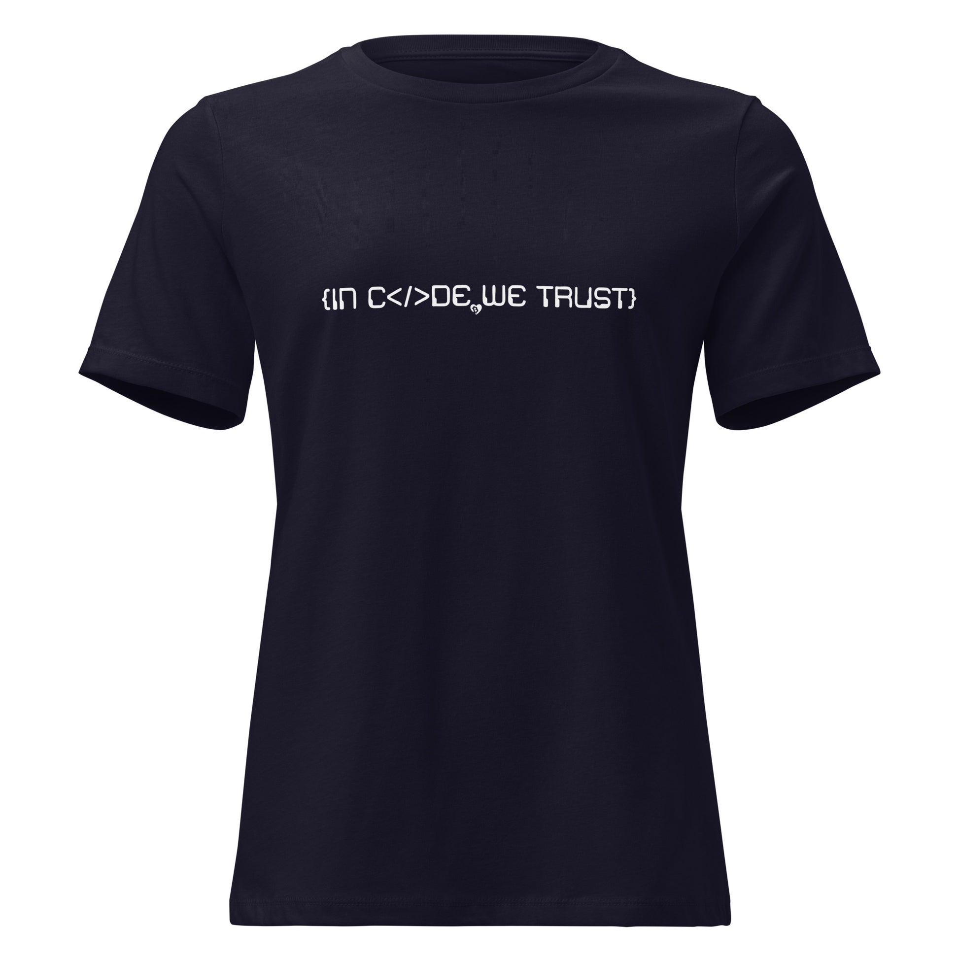 Black t-shirt with white text in code we trust on a white background