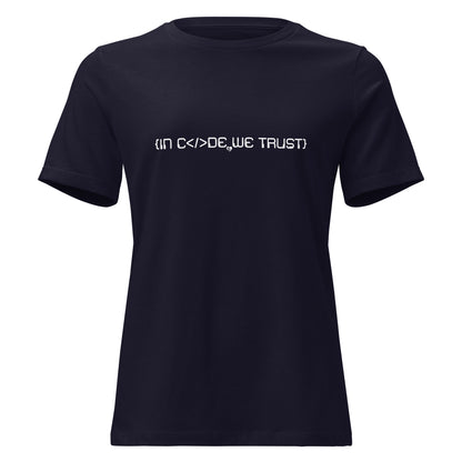 Black t-shirt with white text in code we trust on a white background