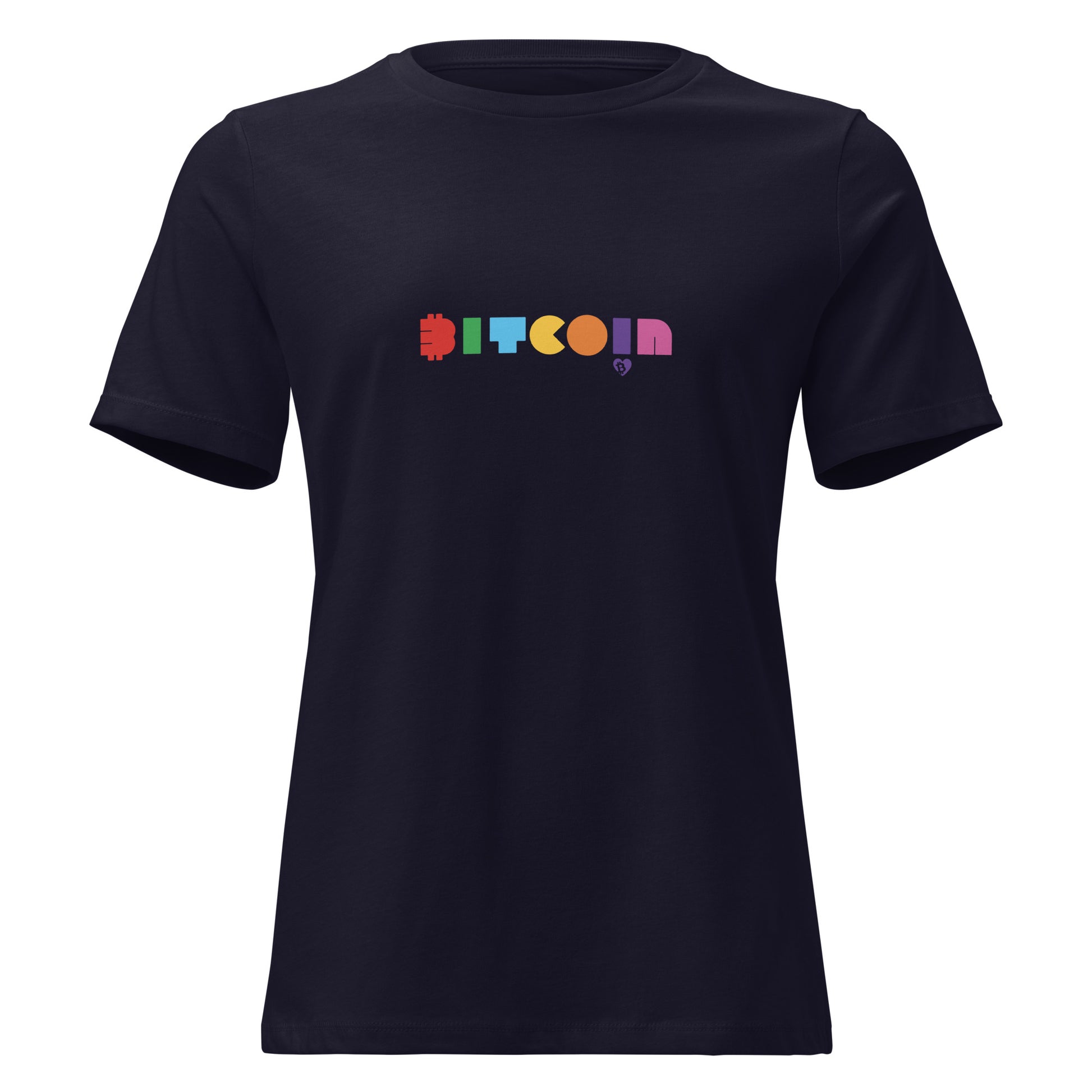 Black t-shirt with colorful 'Bitcoin' text on a white background