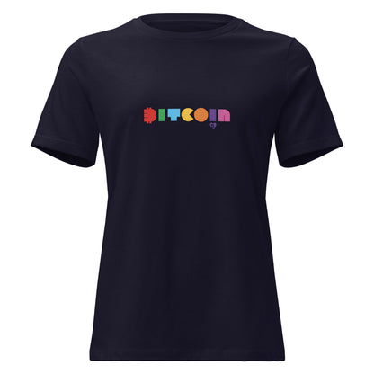 Black t-shirt with colorful 'Bitcoin' text on a white background