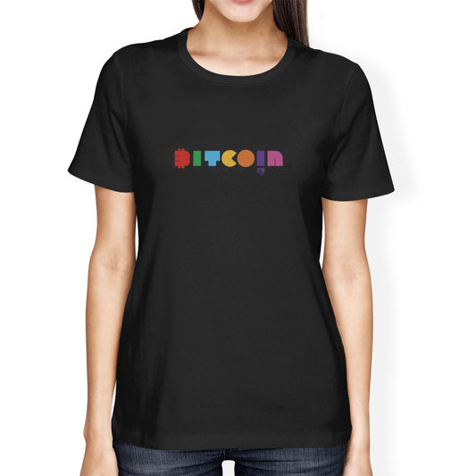 Black t-shirt with colorful 'BITCOIN' text worn by a person on a white background