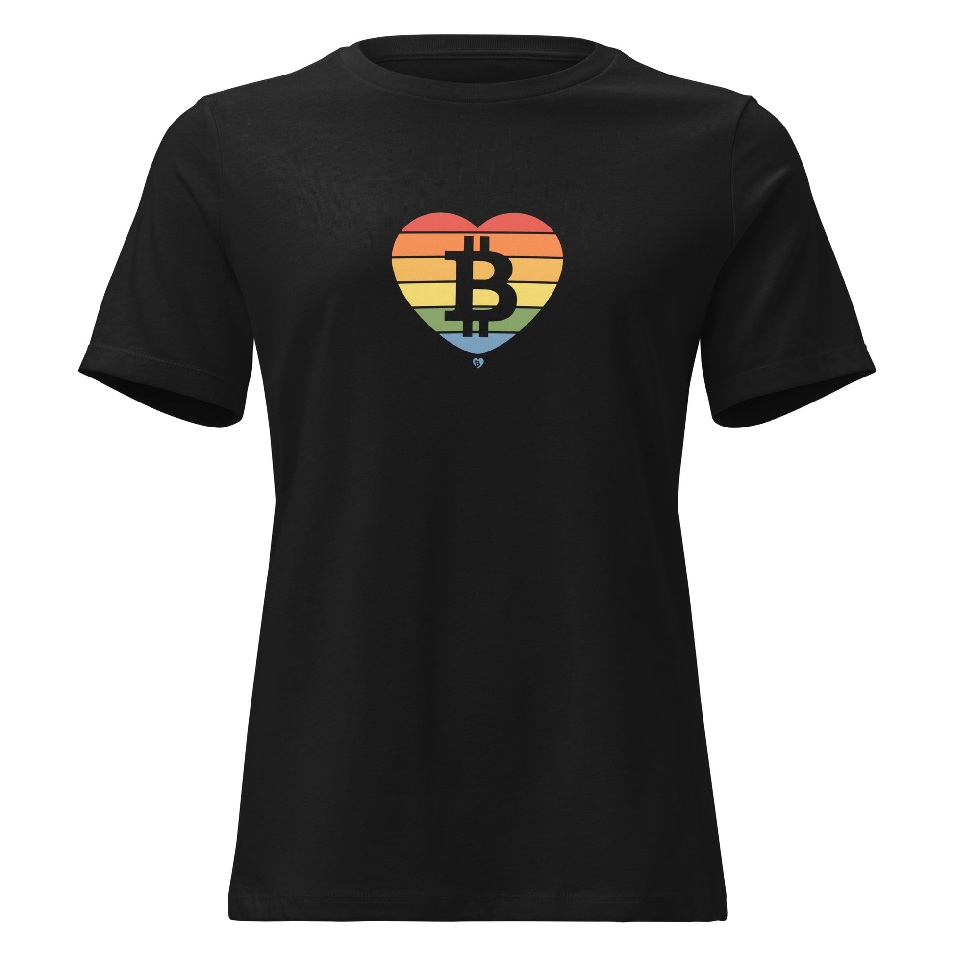 Black t-shirt with a rainbow heart design featuring the Bitcoin symbol on a white background