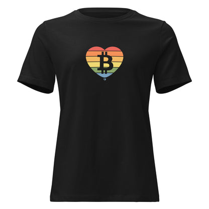 Black t-shirt with a rainbow heart design featuring the Bitcoin symbol on a white background