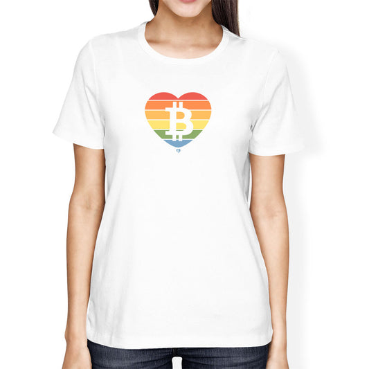 White t-shirt with a rainbow heart and Bitcoin symbol on a white background