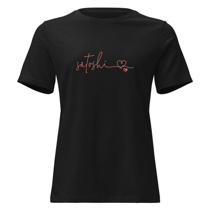 Black t-shirt with 'satoshi' and a heart design on a white background