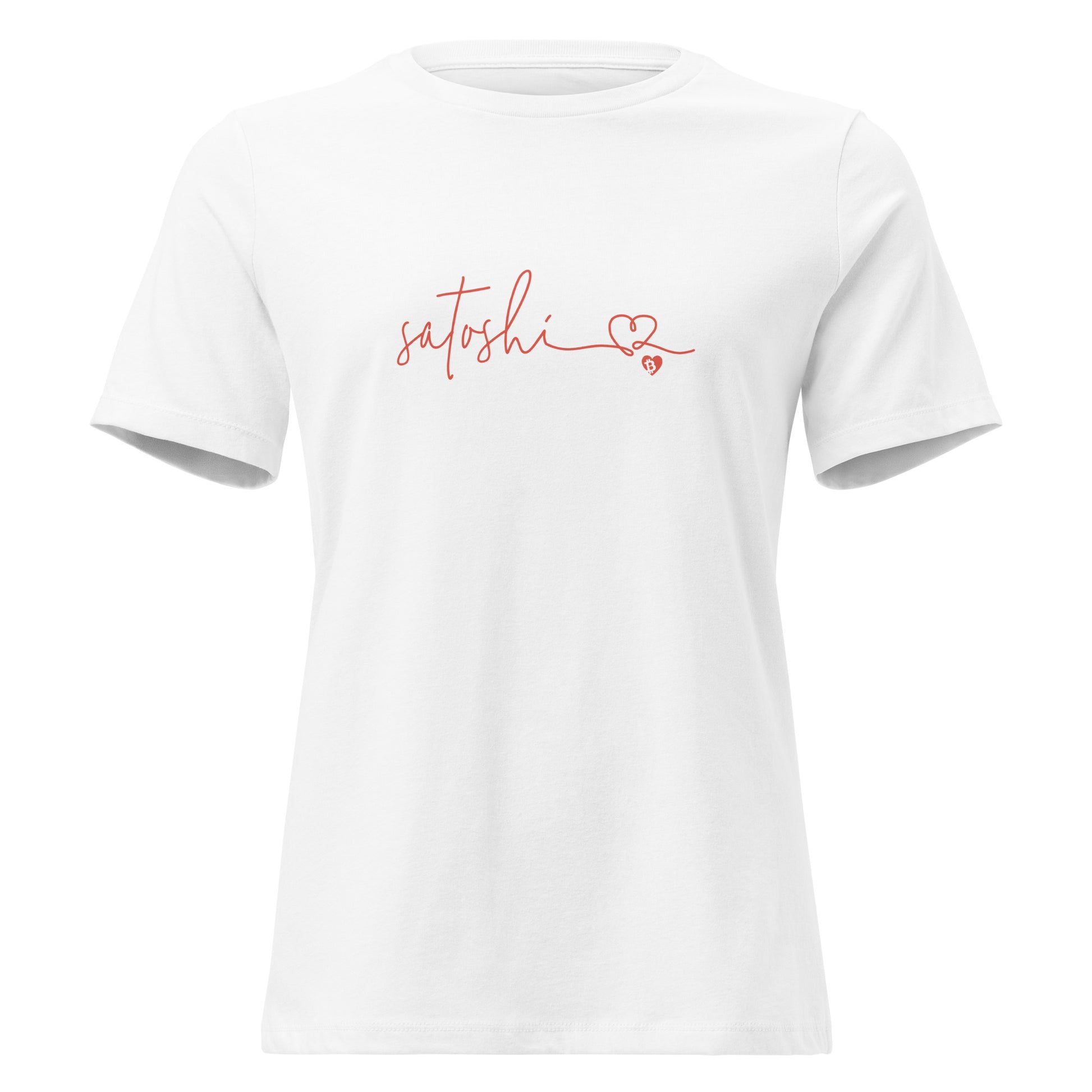 White t-shirt with 'satoshi' and a heart design on a white background
