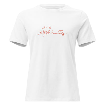 White t-shirt with 'satoshi' and a heart design on a white background
